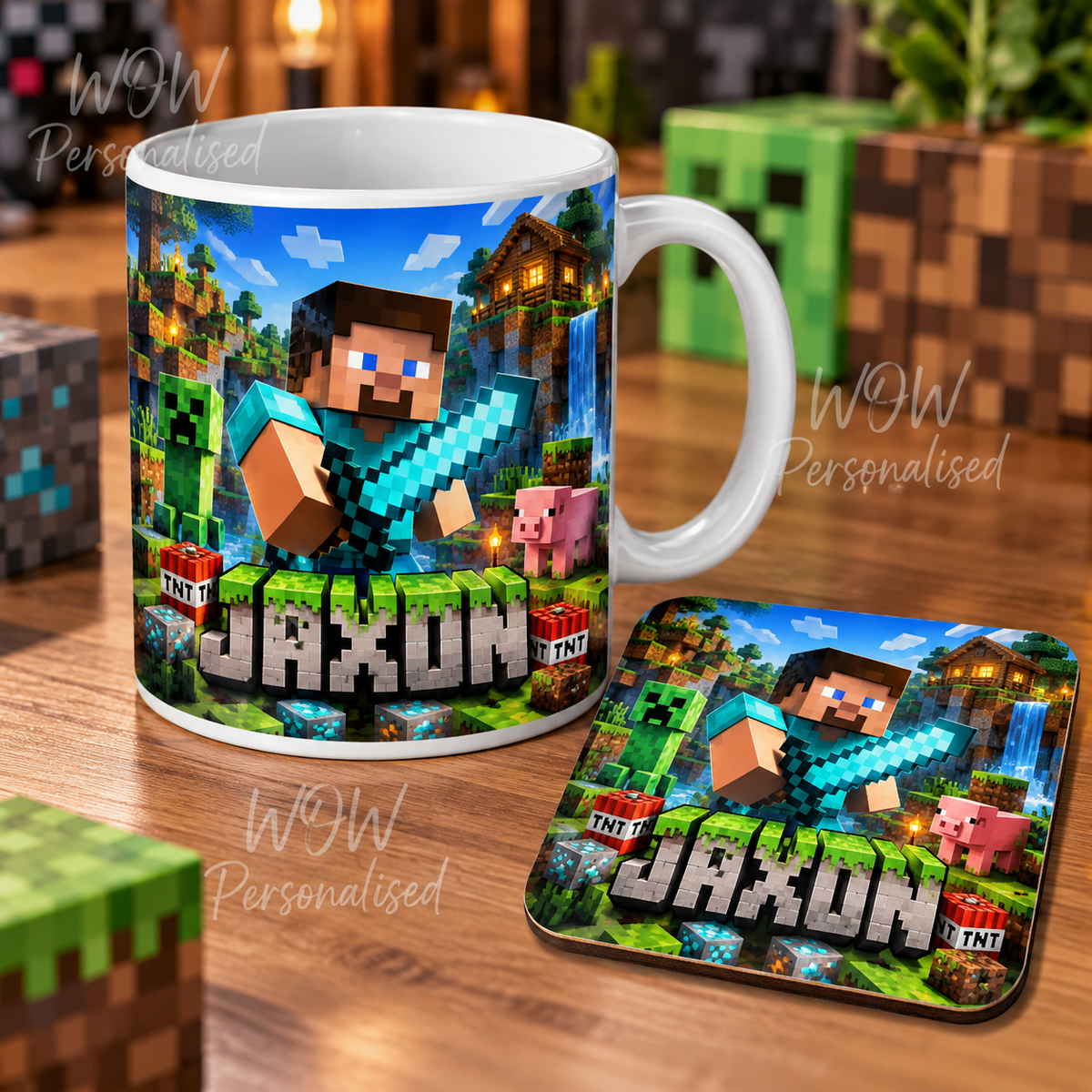 Minecraft Personalised Mug & Coaster Set | Custom Name Gaming Gift
