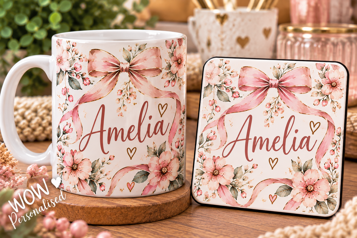 Personalised Pink Bow Mug & Coaster Set | Custom Name Gift