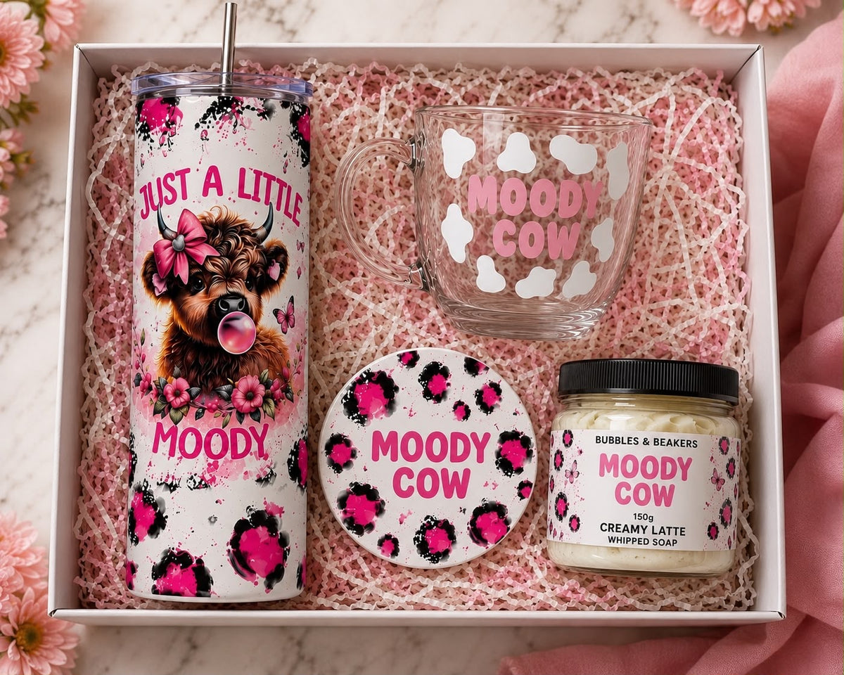 Moody Cow Gift Set – Tumbler, Glass Mug, Coaster & Whipped Soap
