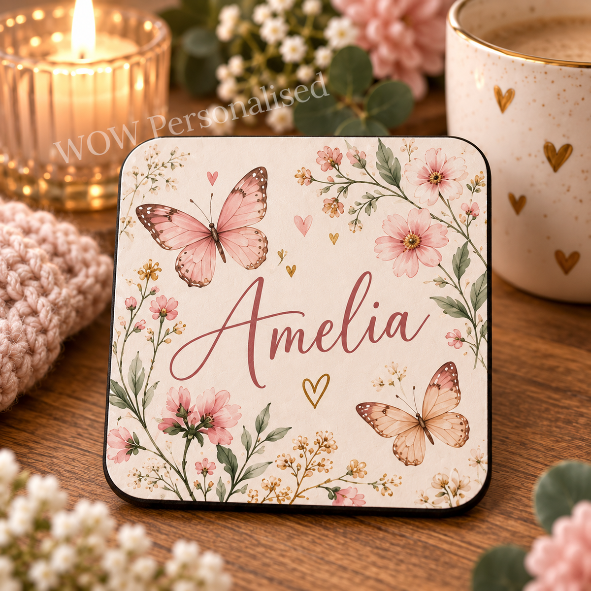 Personalised Butterfly Floral Coaster | Custom Name Coaster Gift