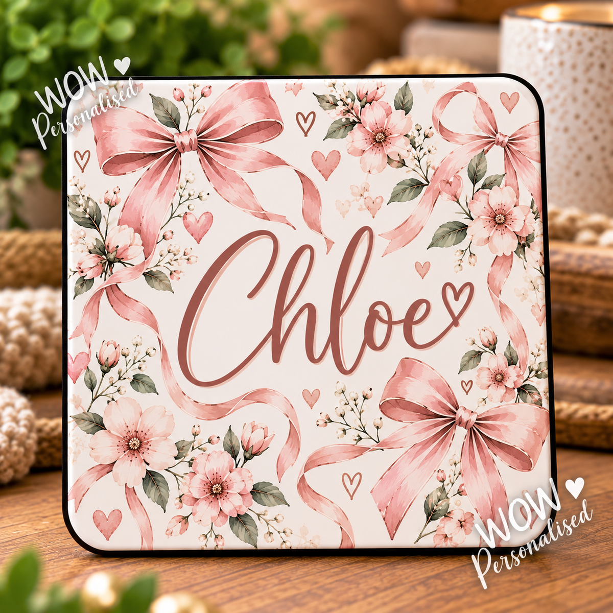 Personalised Pink Bow Floral Coaster | Custom Name Coaster Gift