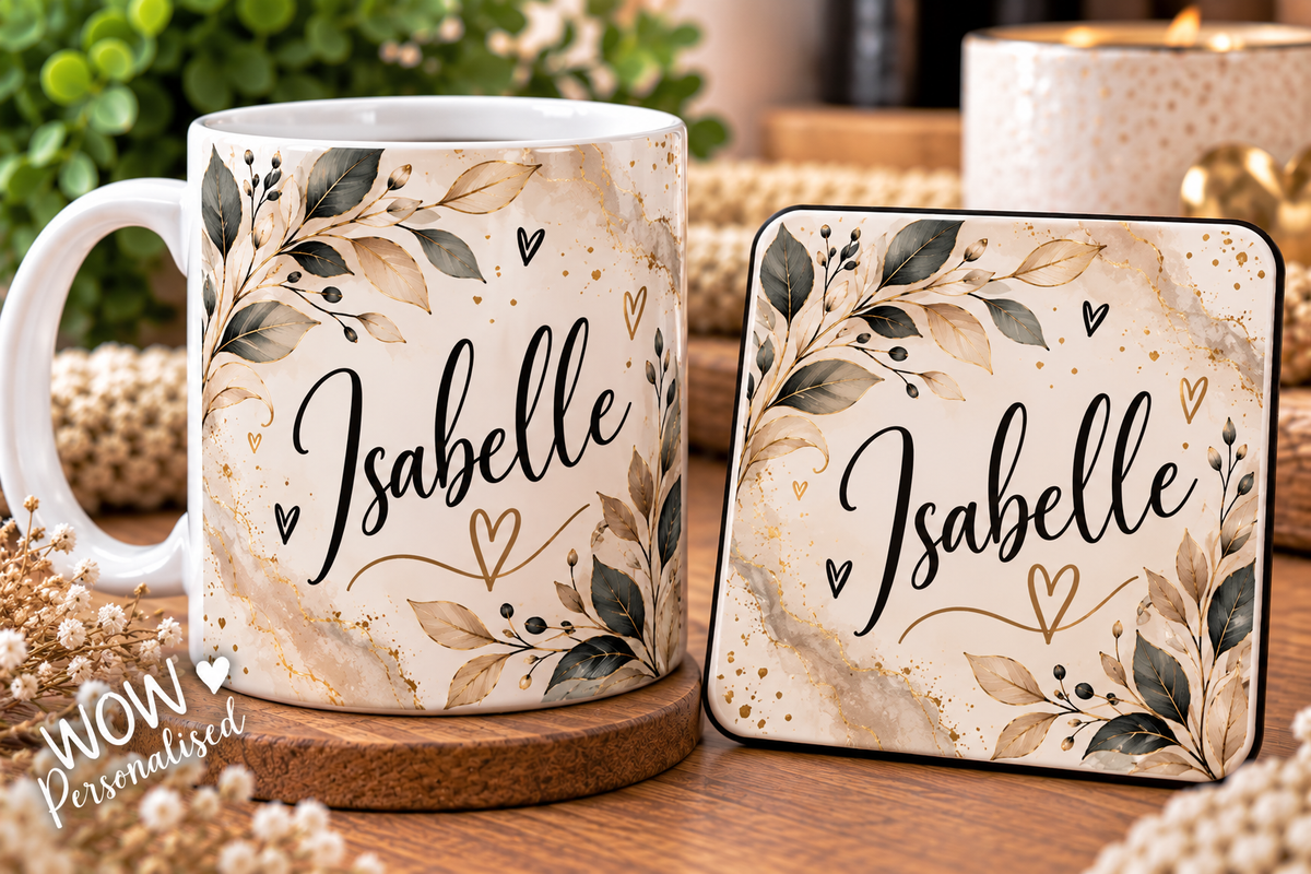 Personalised Botanical Mug & Coaster Set | Custom Name Gift