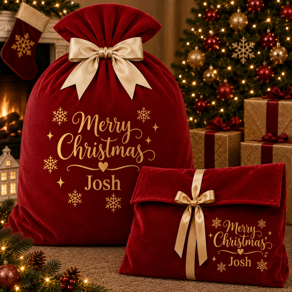 Personalised Velvet Christmas Santa Sack & Gift Bag – Custom Name PRE ORDER
