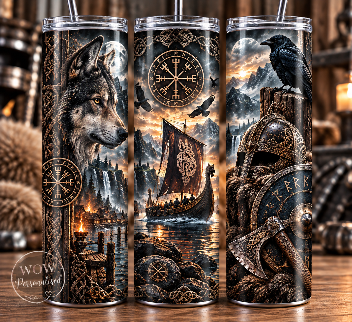 Norse Wolf & Raven 20oz Skinny Tumbler | Viking Inspired Gift