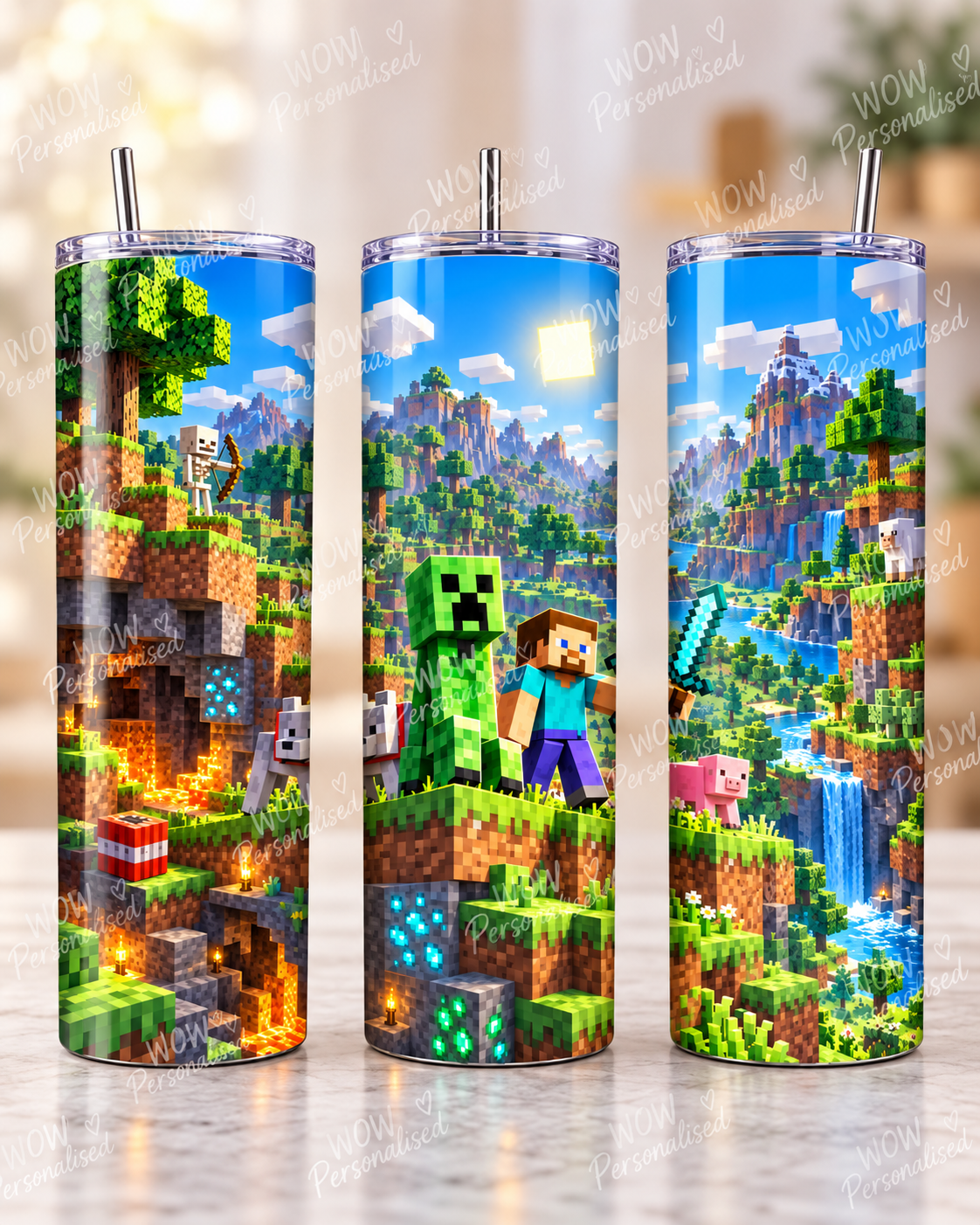 Minecraft Inspired 20oz Skinny Tumbler | Gaming Tumbler Cup | Block Adventure Design