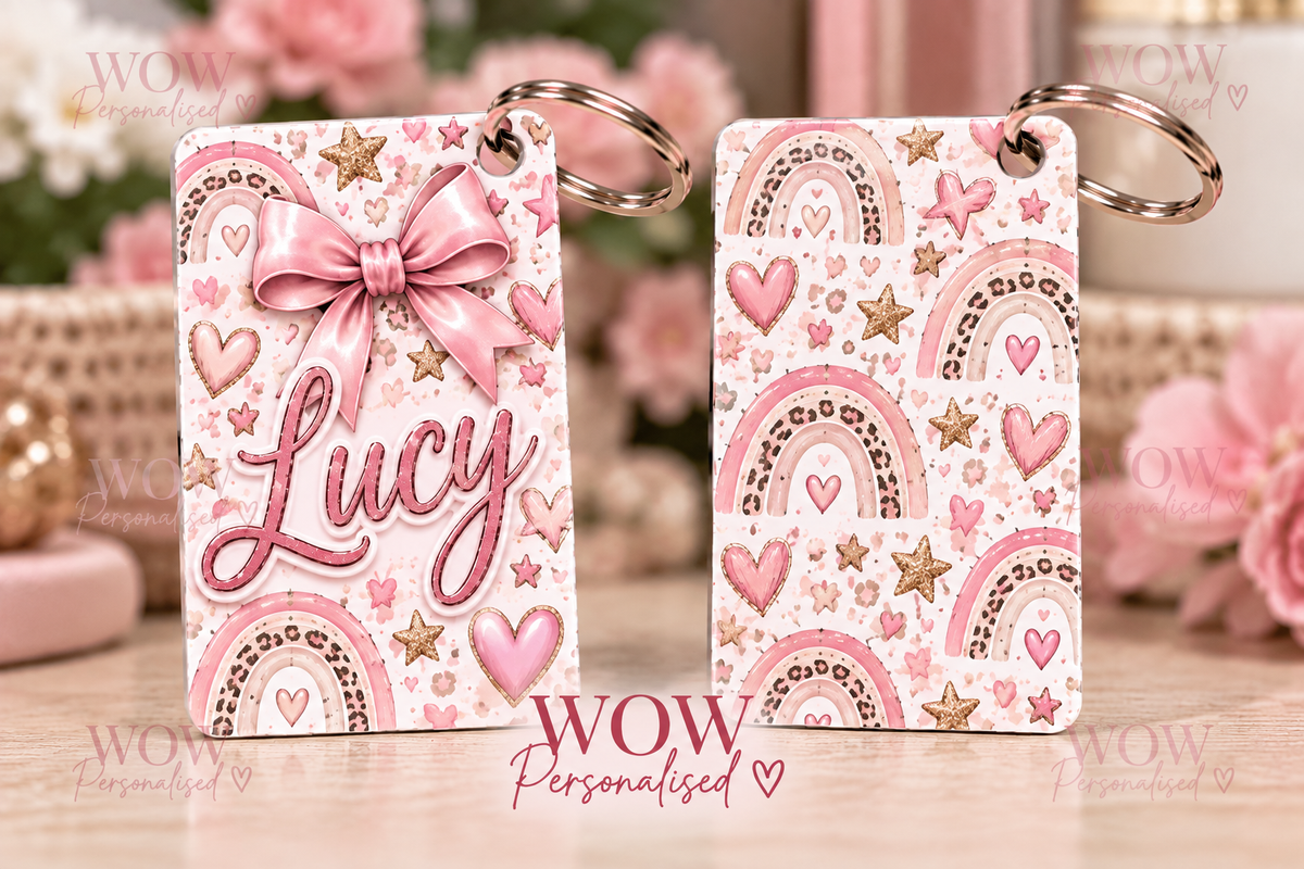 Personalised Pink Rainbow Name Key Ring | Custom Double-Sided Keyring