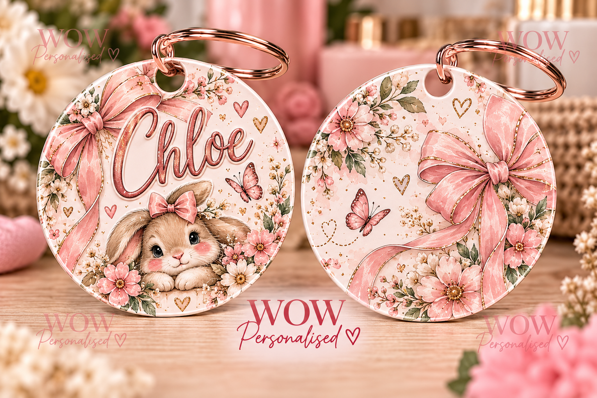 Personalised Cute Bunny Name Key Ring | Round Double-Sided Keyring