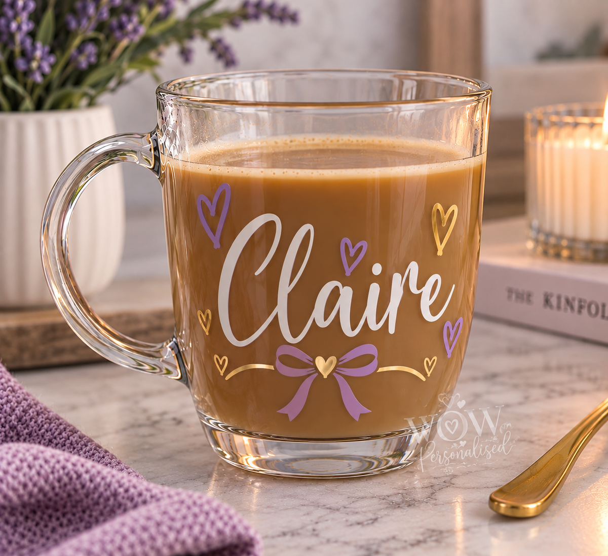 Personalised Name Glass Mug | White & Purple Vinyl Coffee Cup