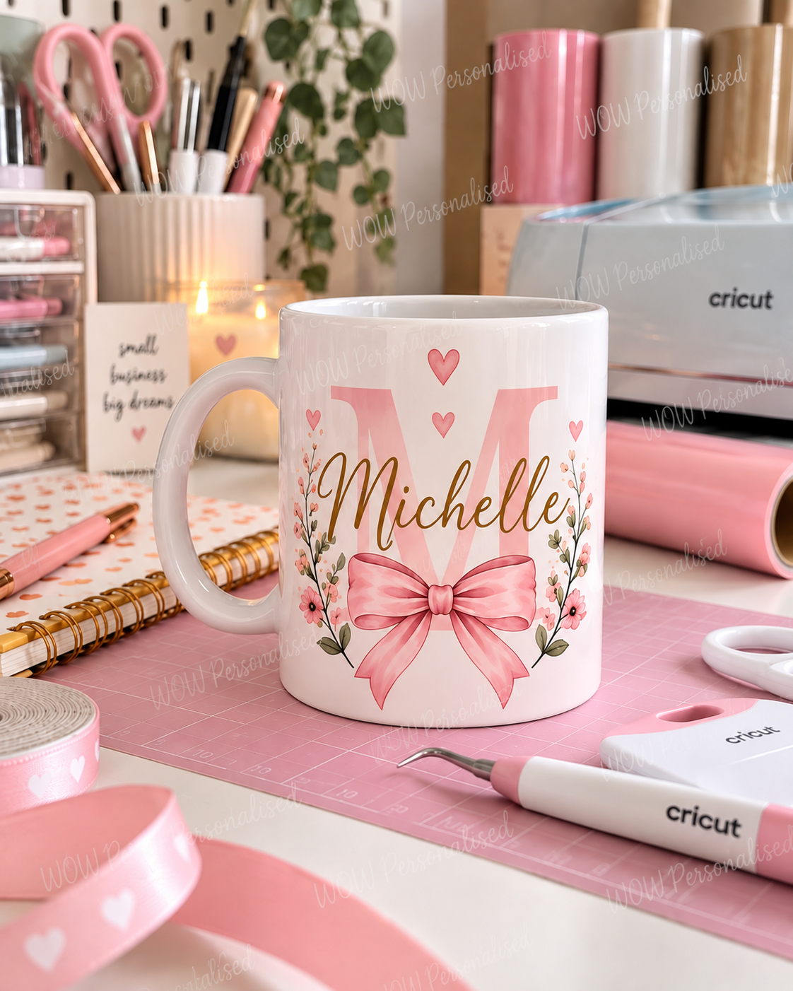 Personalised Name & Initial 11oz Mug – Pink Bow Floral Mug