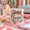 Personalised Name 11oz Mug – Pink Leopard Print Bow Design