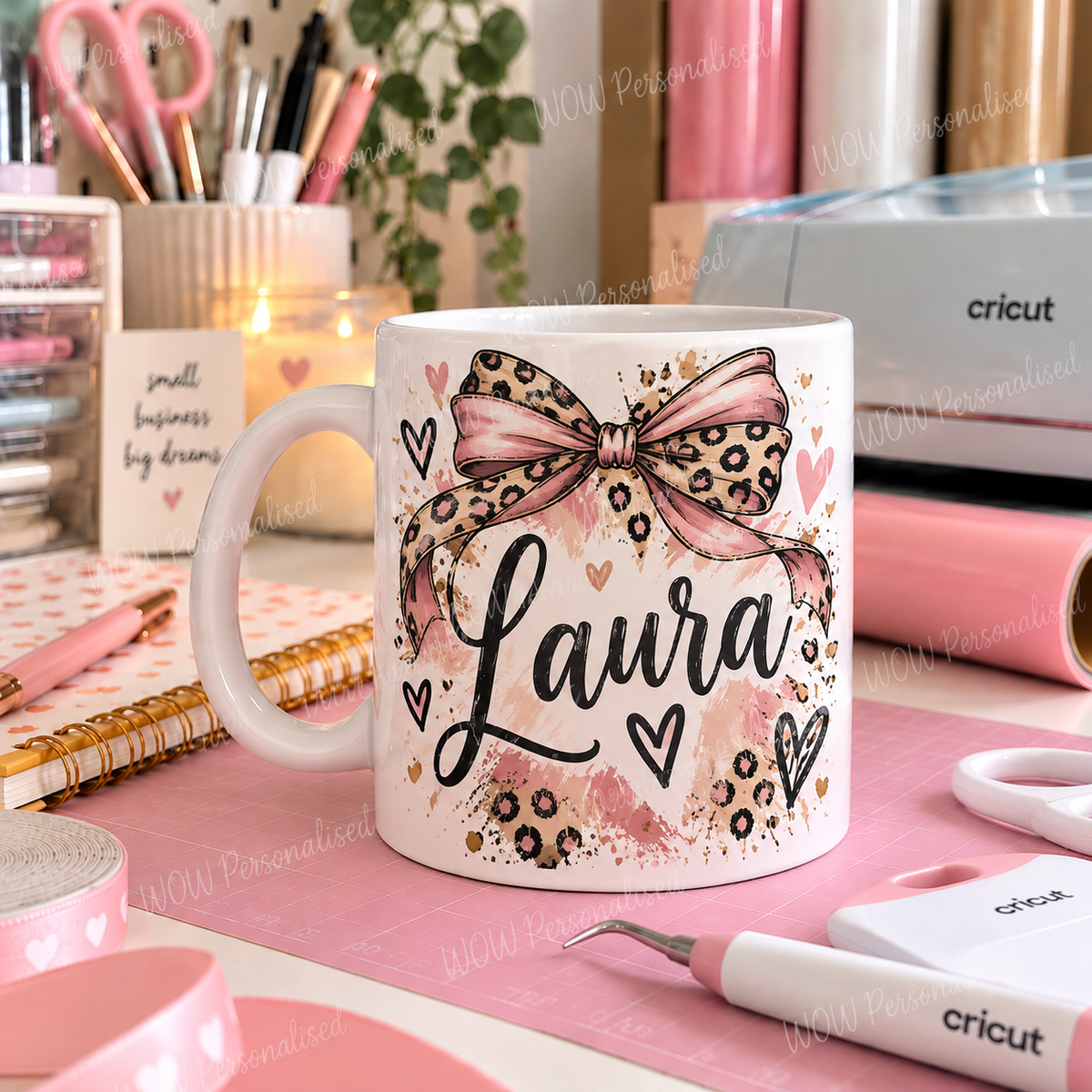 Personalised Name 11oz Mug – Pink Leopard Print Bow Design