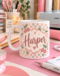 Personalised Name 11oz Mug – Cherry Gingham Floral Design