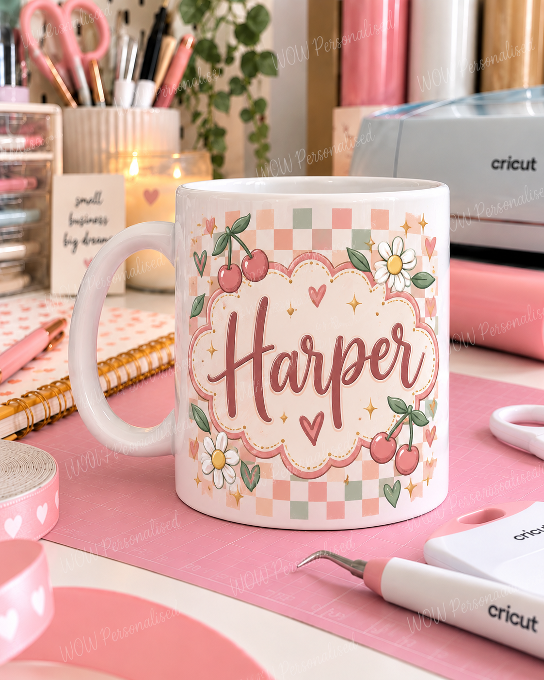 Personalised Name 11oz Mug – Cherry Gingham Floral Design