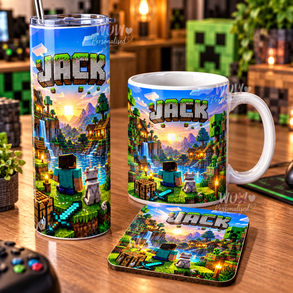 Personalised Minecraft Gift Set | 20oz Tumbler, Mug & Coaster